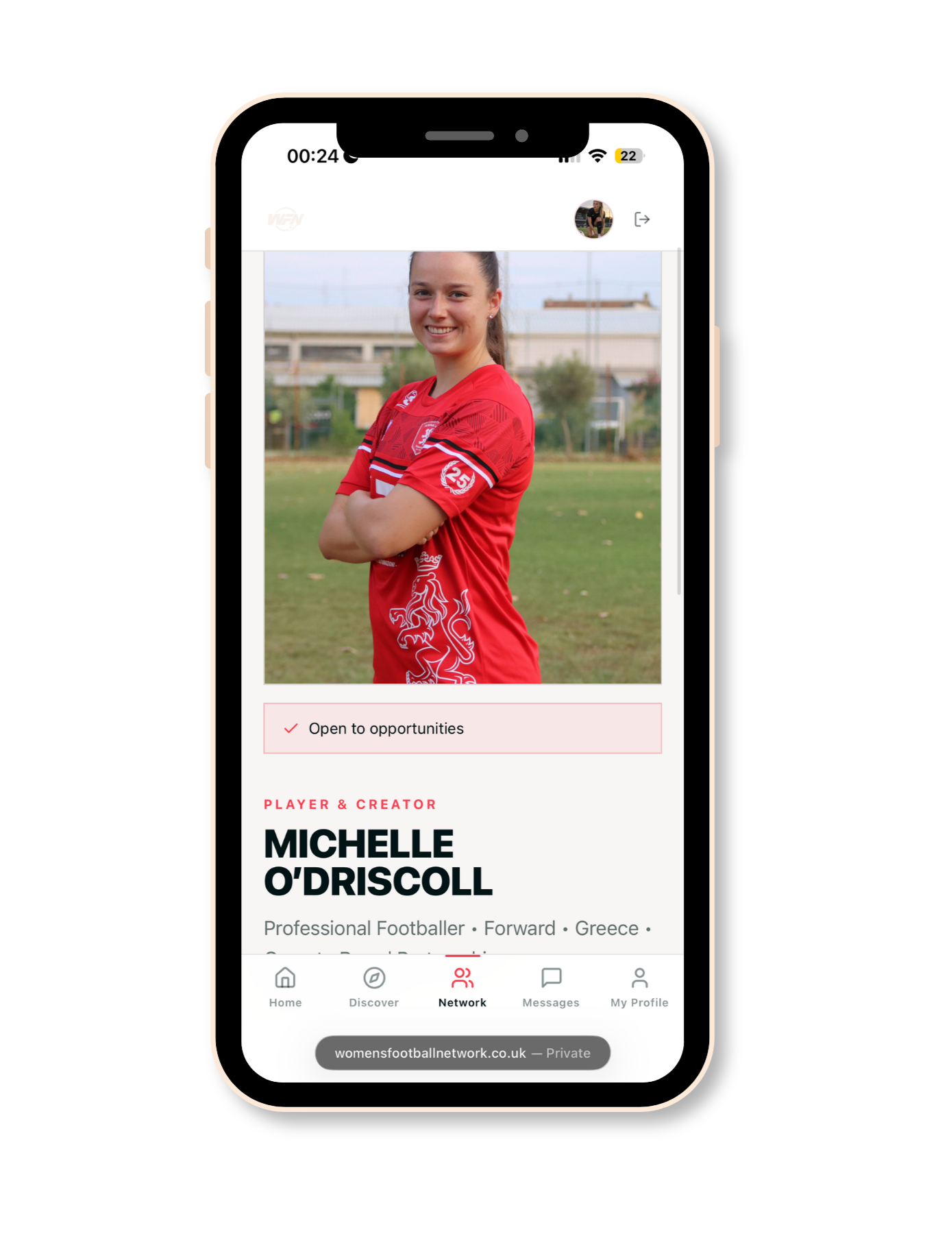 A WFN player profile showing photo, position and an open-to-opportunities status