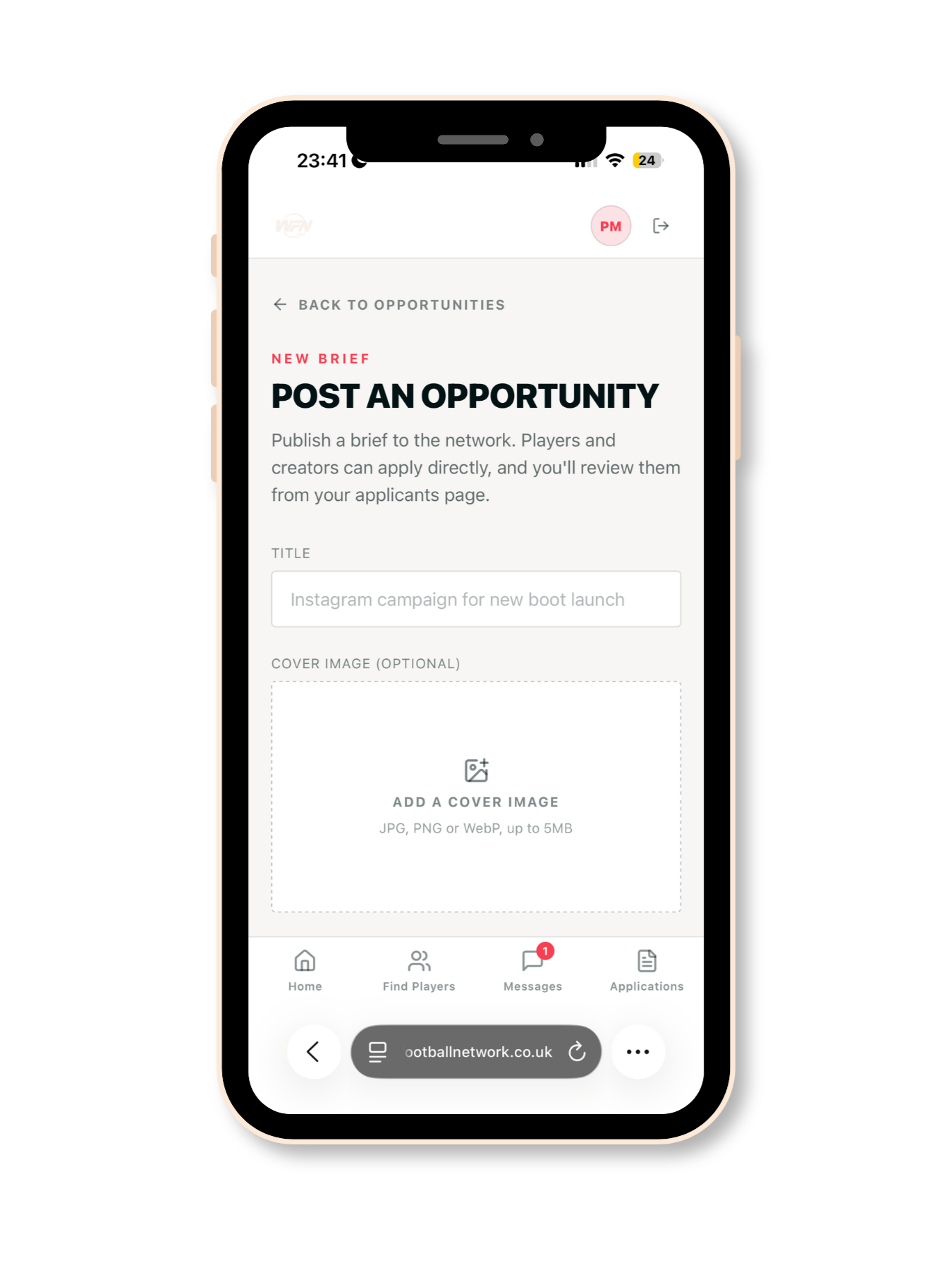The post an opportunity form where a brand adds a title and cover image