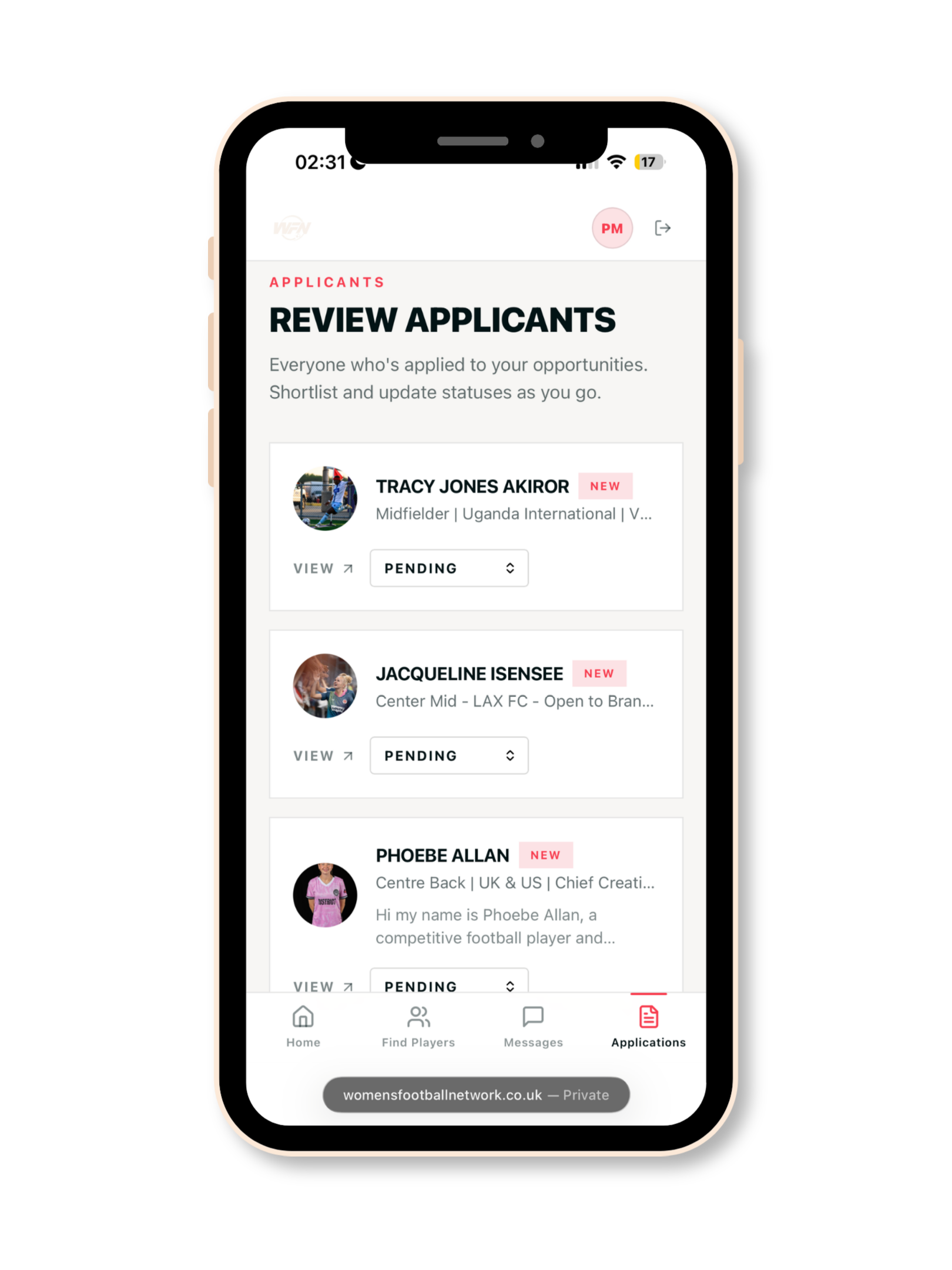 The review applicants screen listing a player who has applied with a pending status