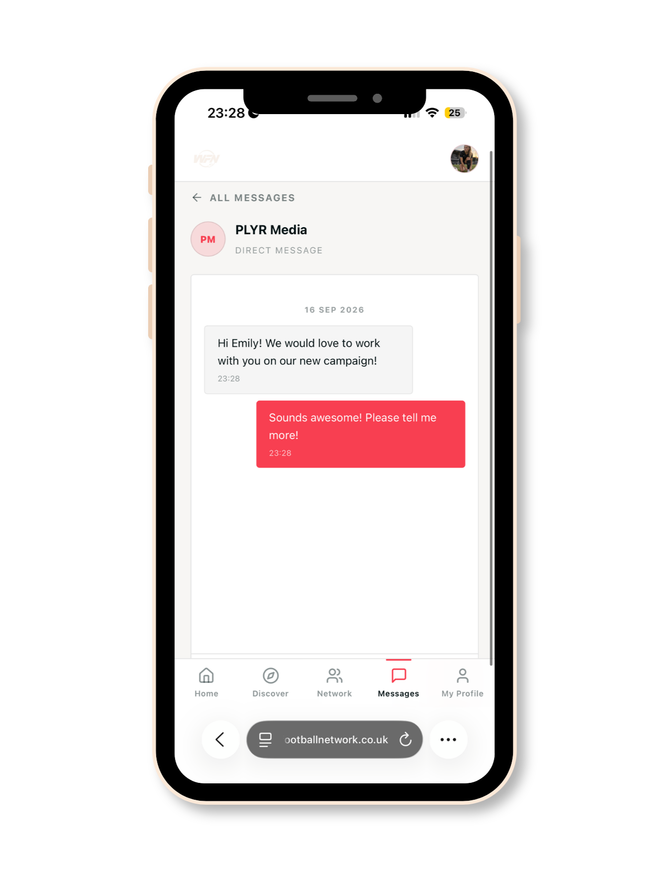 A direct message conversation between a brand and a player